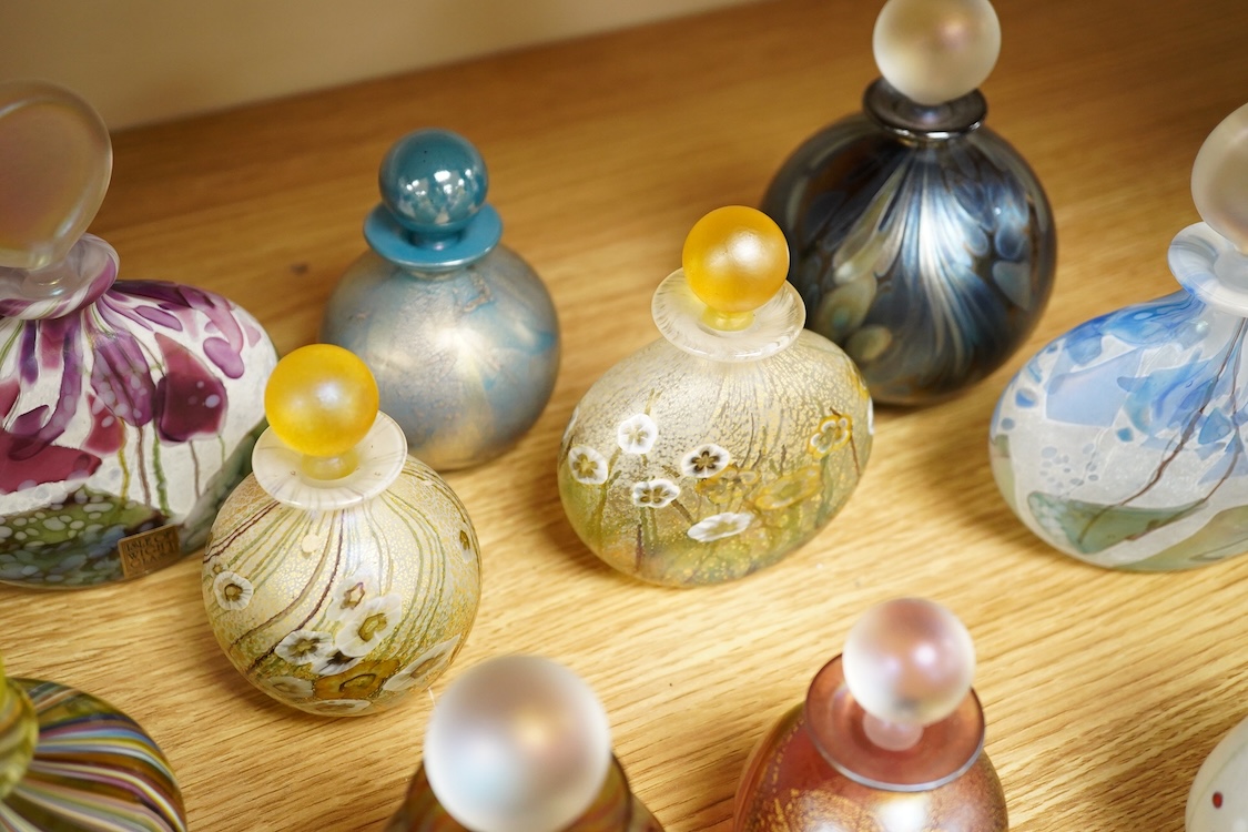 Eleven Isle of Wight studio glass scent bottles and stoppers and a similar apple and pear shaped studio paperweight, tallest scent bottle 13cm high
